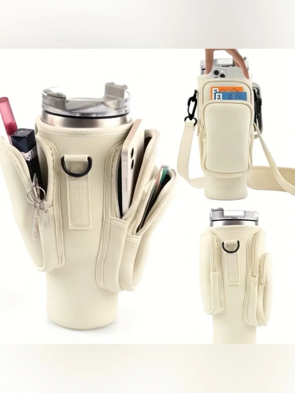 Water Bottle Carrier with Crossbody Strap and Zippered Pockets - Picture 3 of 10